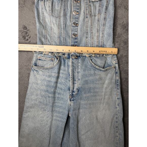 Zara Denim Strapless Jumpsuit Button Front XS Light Wash Distressed Baggy Leg - Picture 8 of 9